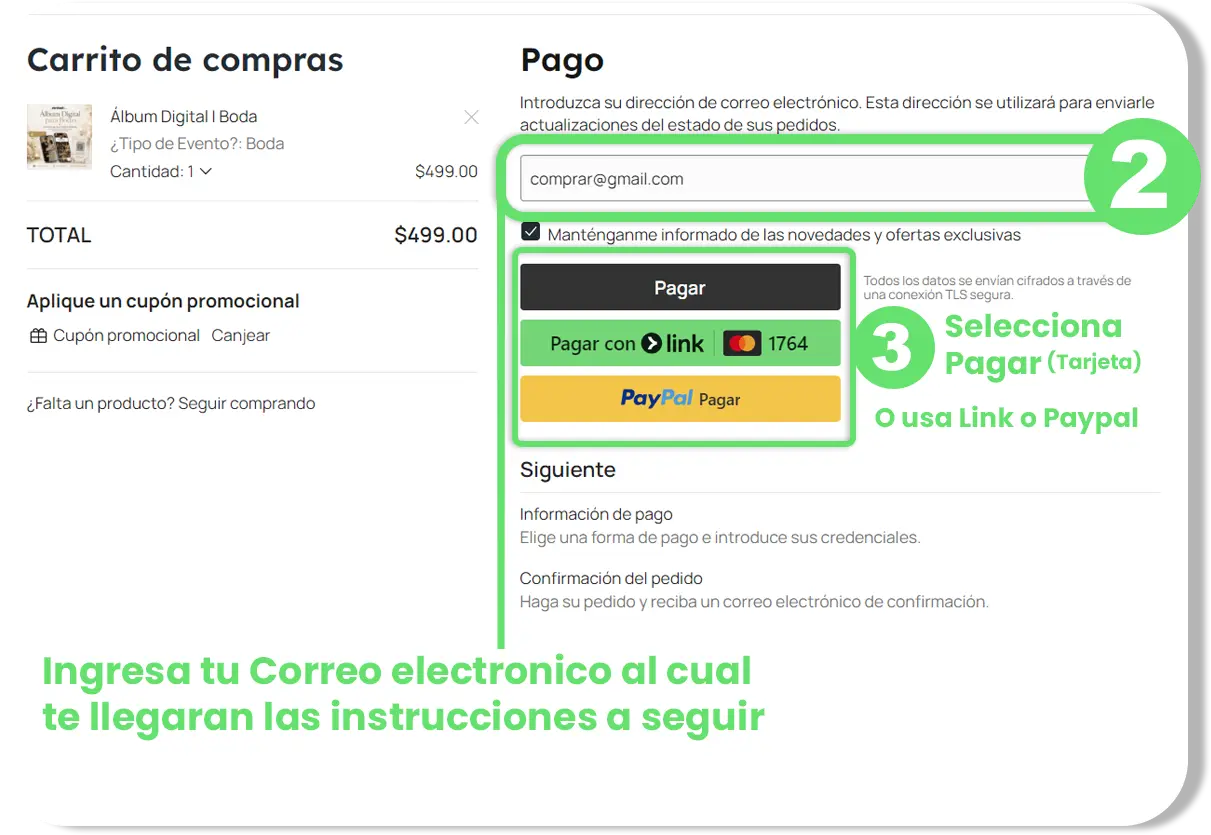 Pasos 2 y 3 para comprar álbum digital para boda